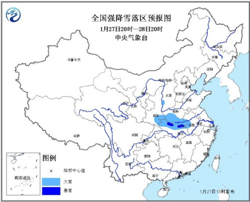 中新網(wǎng)1月27日電據(jù)中央氣象臺網(wǎng)站消息，27日夜間至30日，西北地區(qū)東部、華北西部和南部、黃淮、江漢、江淮、西南地區(qū)東部、江南、華南等地有一次大范圍雨雪天氣過程，其中，陜西東南部、河南南部、安徽、江蘇中西部、湖北北部等地的部分地區(qū)有大到暴雪(10～18毫米)。